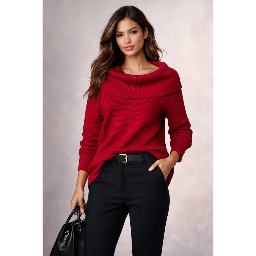 Cyrus Ribbed Sweater Womens L Red‎ Cozy Chic Elevated Casual Cowl Neck Capsule